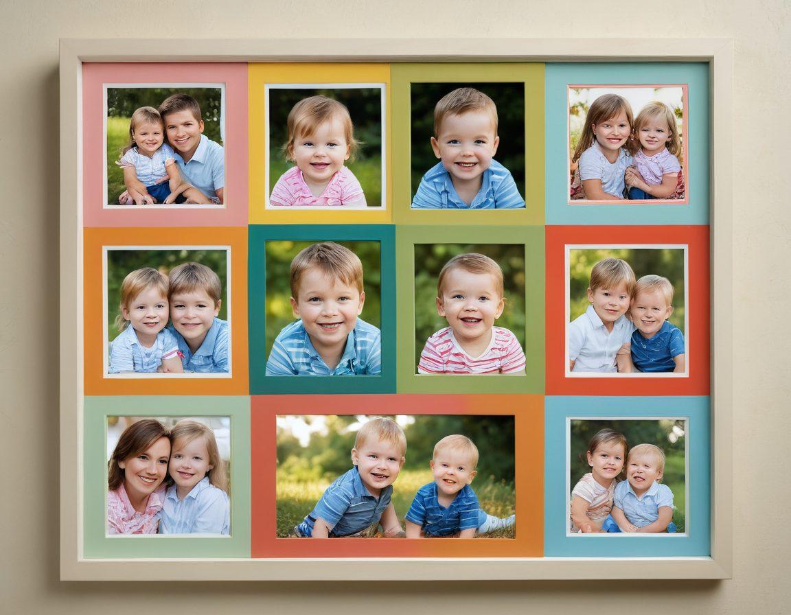 A heartwarming family scene capturing a child's emotional journey with vivid expressions throughout different milestones such as first steps, birthday parties, and family gatherings. Include a subtle collage effect to showcase multiple photos overlapping, each framed with colorful borders, emphasizing love and growth. Natural outdoor lighting enhances the warmth, creating a cozy atmosphere. vibrant colors. soft focus.